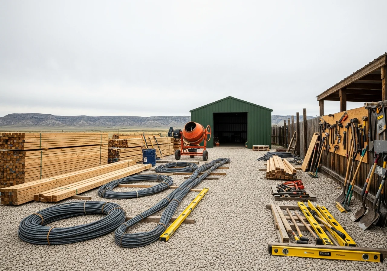 Construction site with framing materials, tools, and equipment staged for a building project.