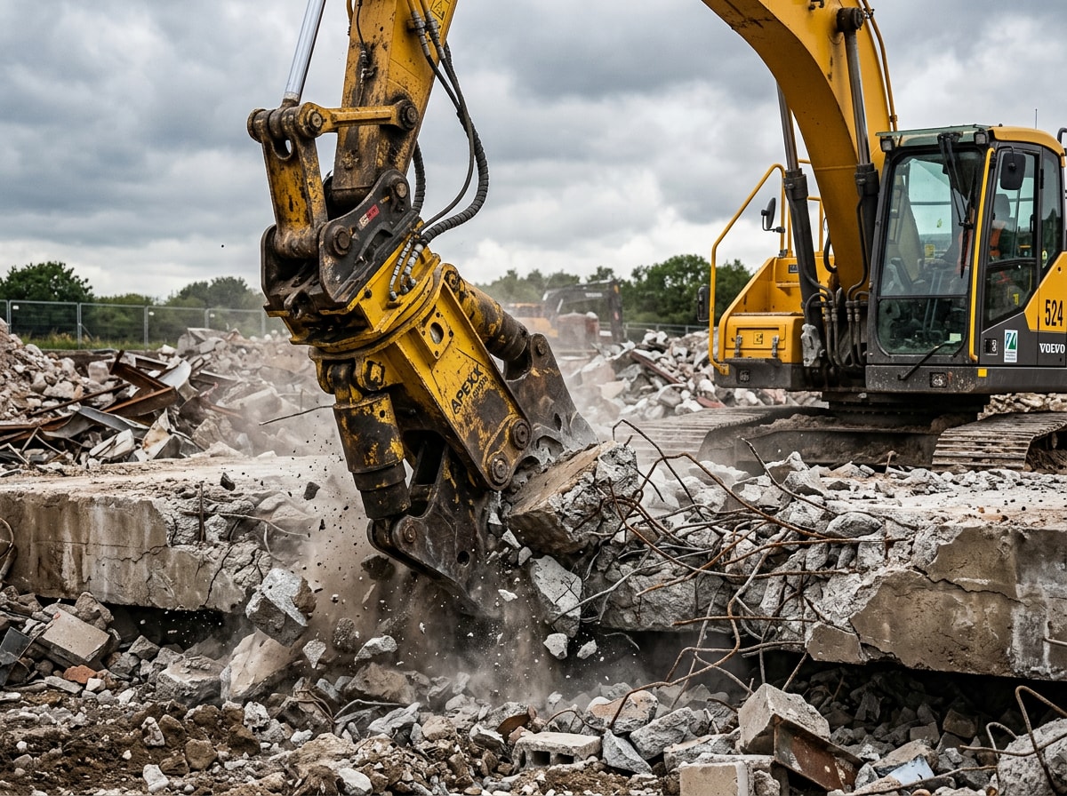 demolition excavator removing concrete foundation debris at a commercial teardown site