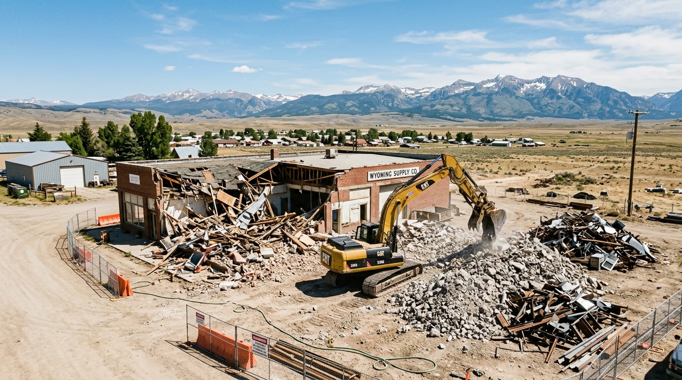 Building demolition contractor equipment clearing a commercial structure in Lovell, WY