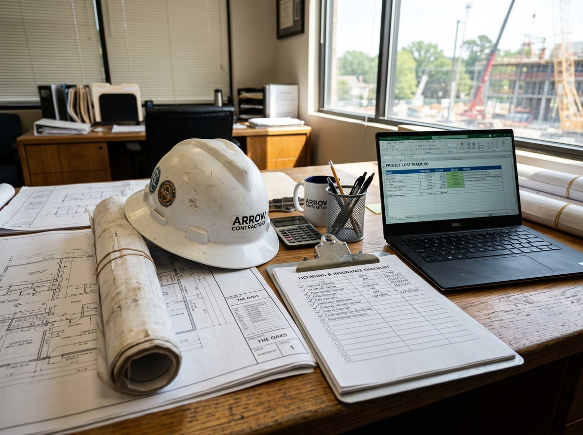 Contractor's desk with blueprints, a licensing checklist clipboard, hard hat, and laptop, no people, bright office lighting