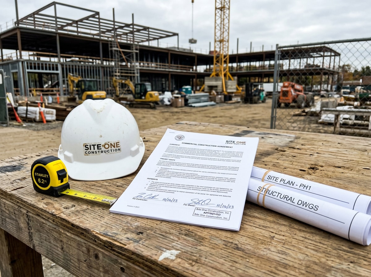 Signed commercial construction contract on a jobsite table with a tape measure, hard hat, and rolled blueprints, no people