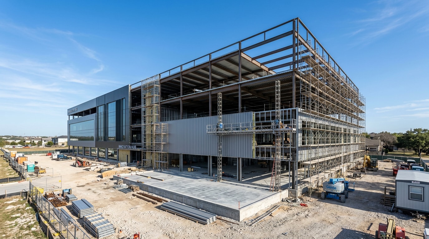 Commercial building under construction with steel framing and poured concrete foundation Commercial building under construction with steel framing and poured concrete foundation