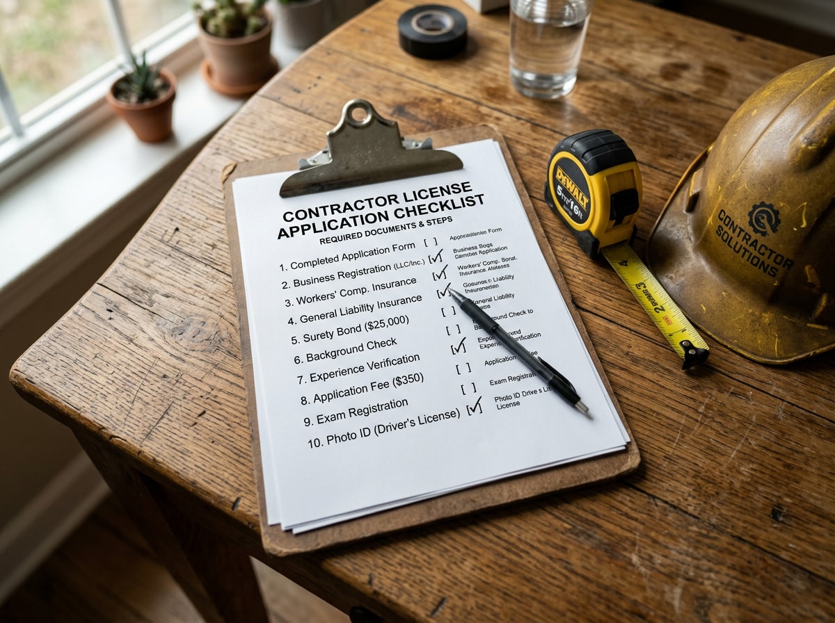 Checklist graphic showing Florida general contractor license requirements including experience, exam, DBPR application, and insurance