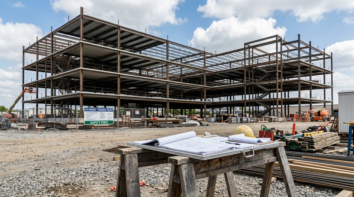 Commercial building under construction showing structural steel framing and concrete slab work