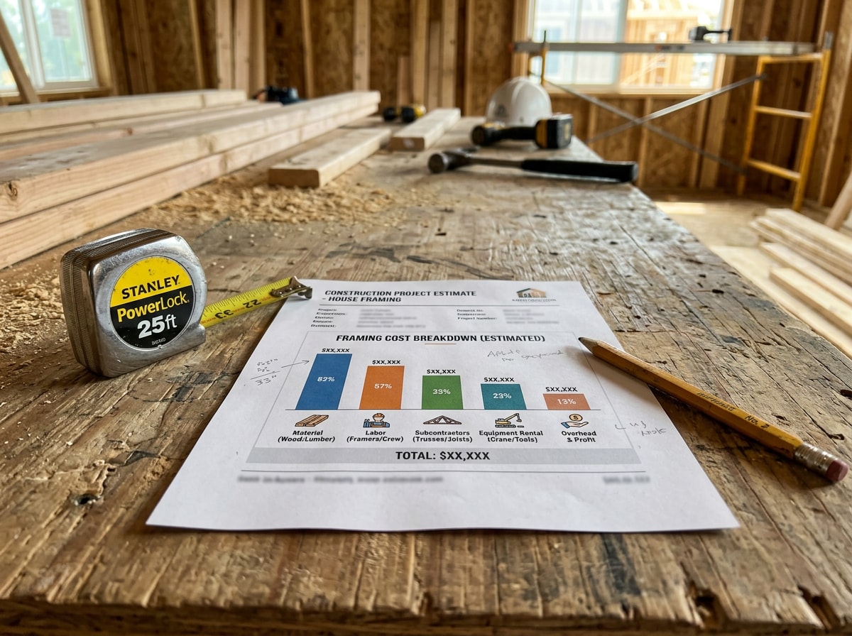 Cost breakdown chart showing framing price per square foot for a Worland, WY home build