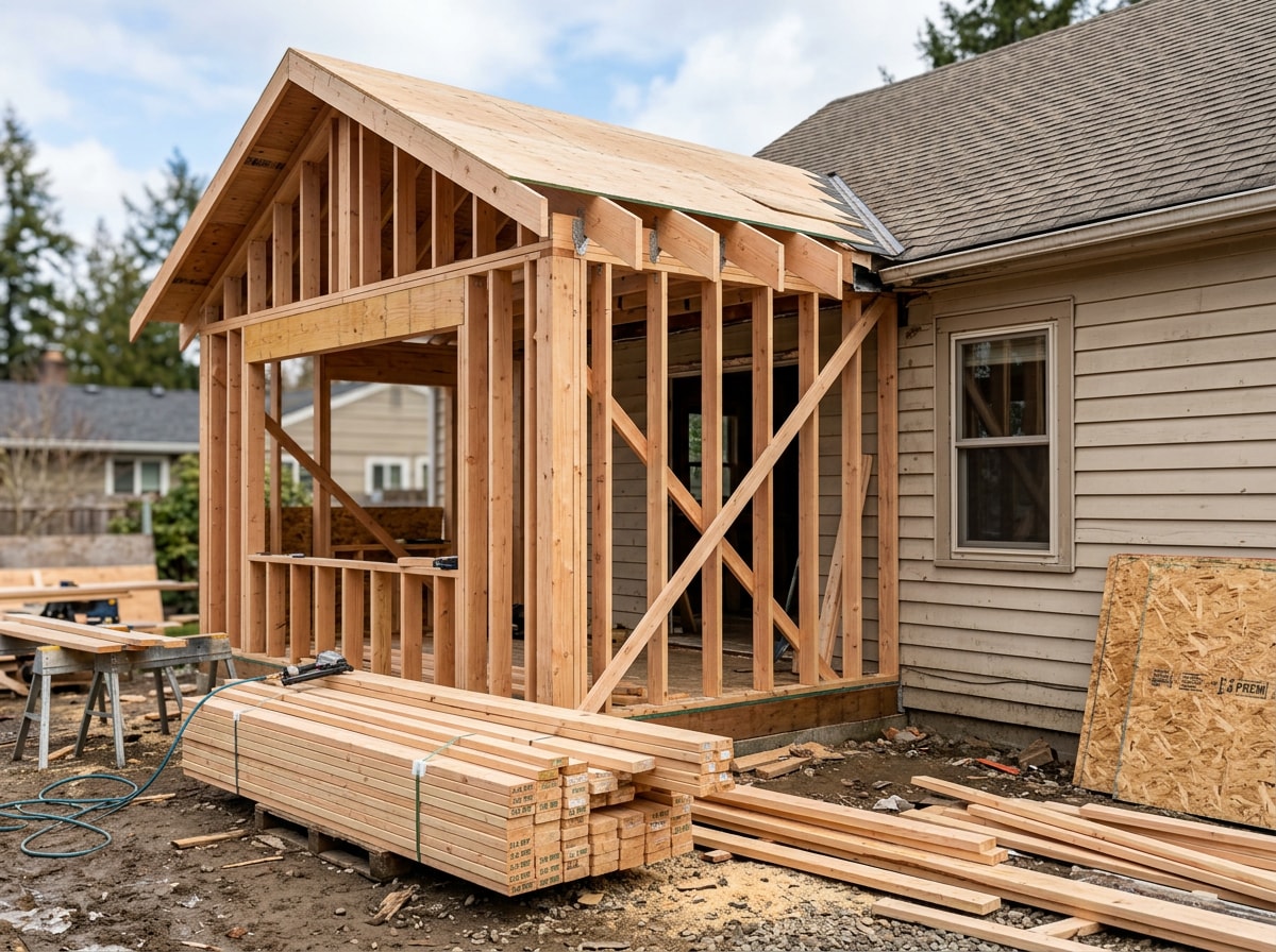 In-progress room addition framing tying into an existing home's roofline in Worland, WY