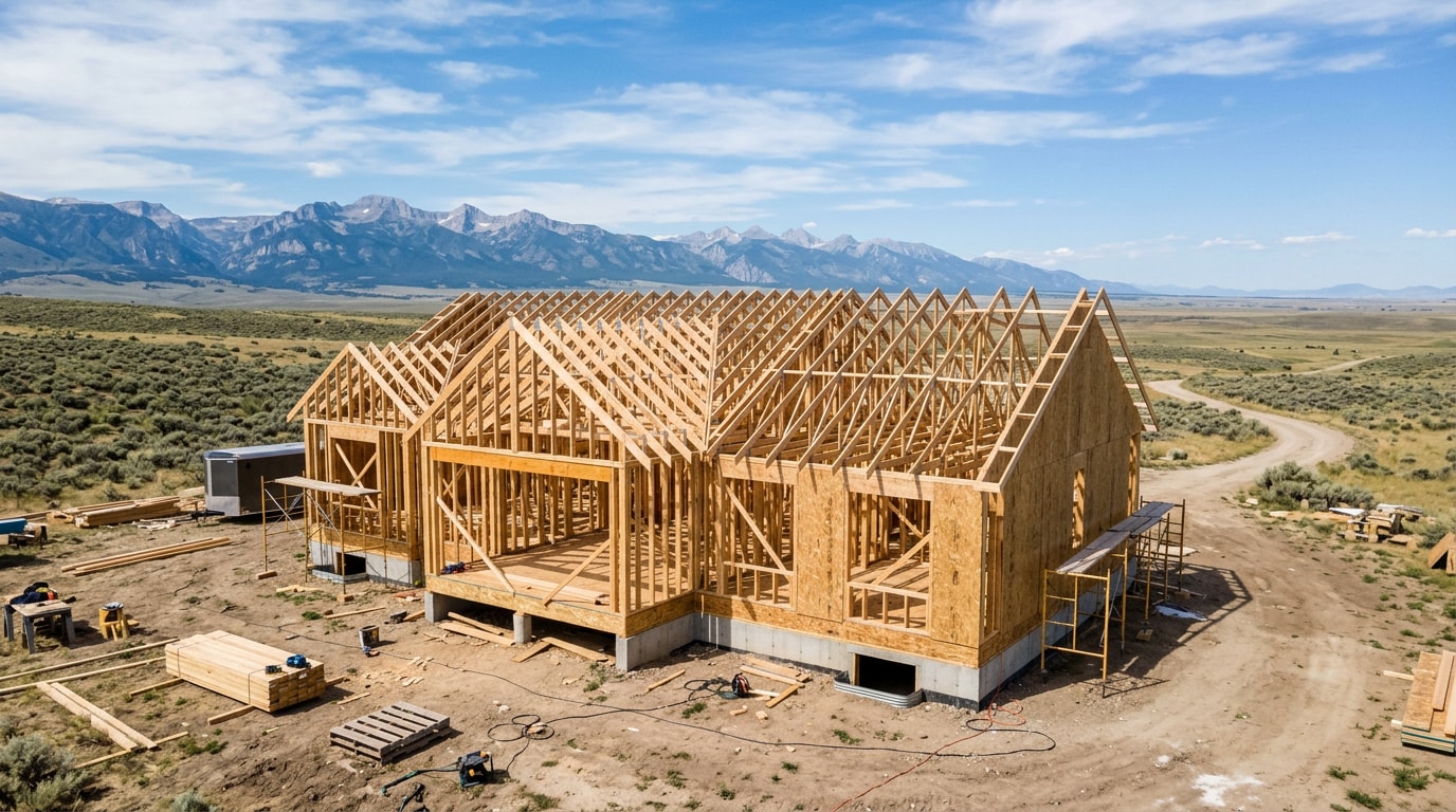Framed wood house under construction in Worland, WY with mountains in the background Framed wood house under construction in Worland, WY with mountains in the background