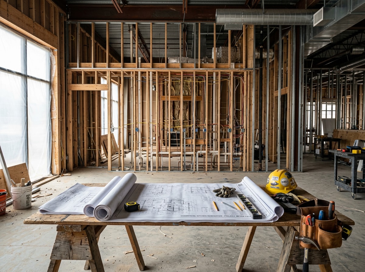 General contractor for restaurant build-out reviewing blueprints on a commercial kitchen construction site