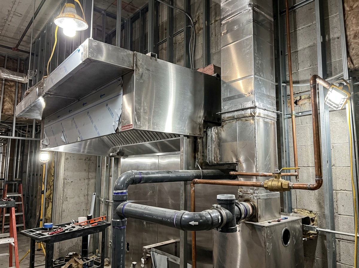Commercial kitchen construction build-out showing hood system installation and grease trap plumbing