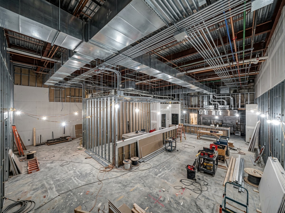 Restaurant construction timeline showing an in-progress commercial build-out with exposed MEP rough-in