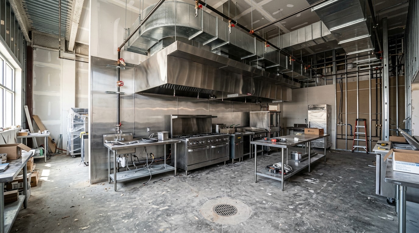 Finished commercial kitchen hood and ventilation system in a restaurant under construction