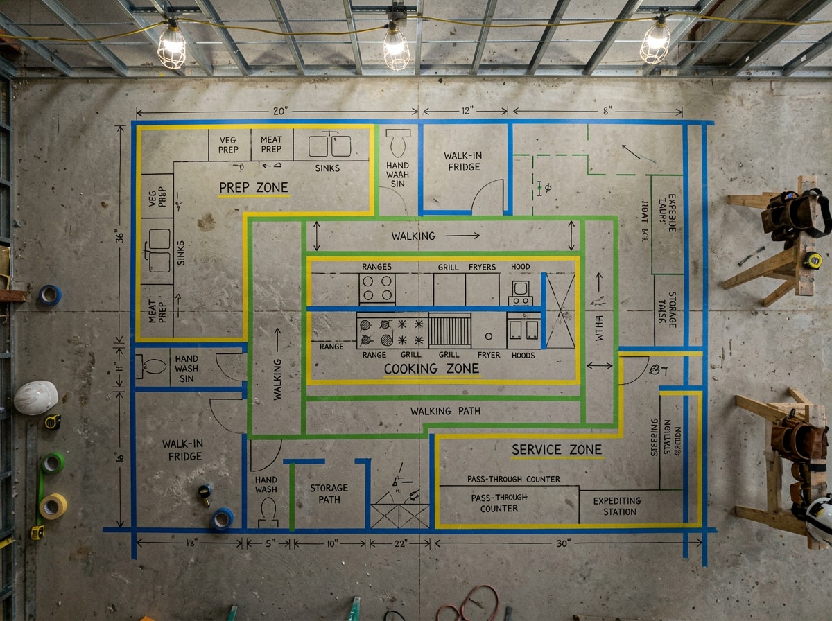 Restaurant kitchen layout diagram showing prep, cook, and service workflow zones