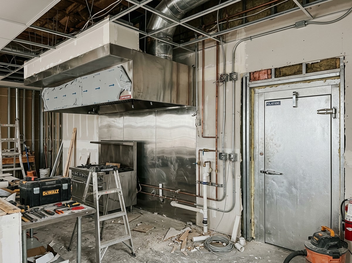 Commercial kitchen hood system and walk-in cooler installed during a restaurant build-out
