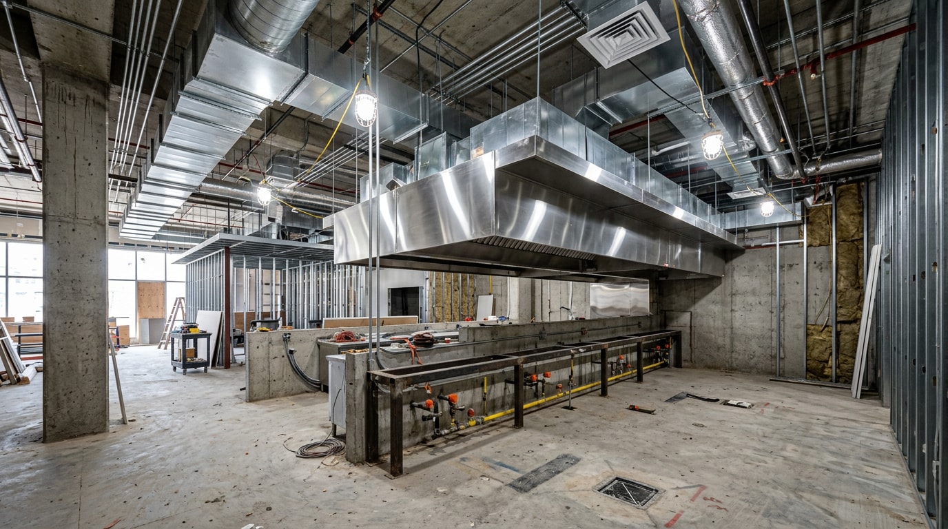 Commercial restaurant kitchen under construction with exhaust hood and stainless steel cooking line installed