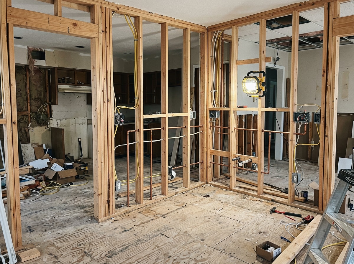 Kitchen under renovation showing new framing, rough electrical, and plumbing rough-in before drywall