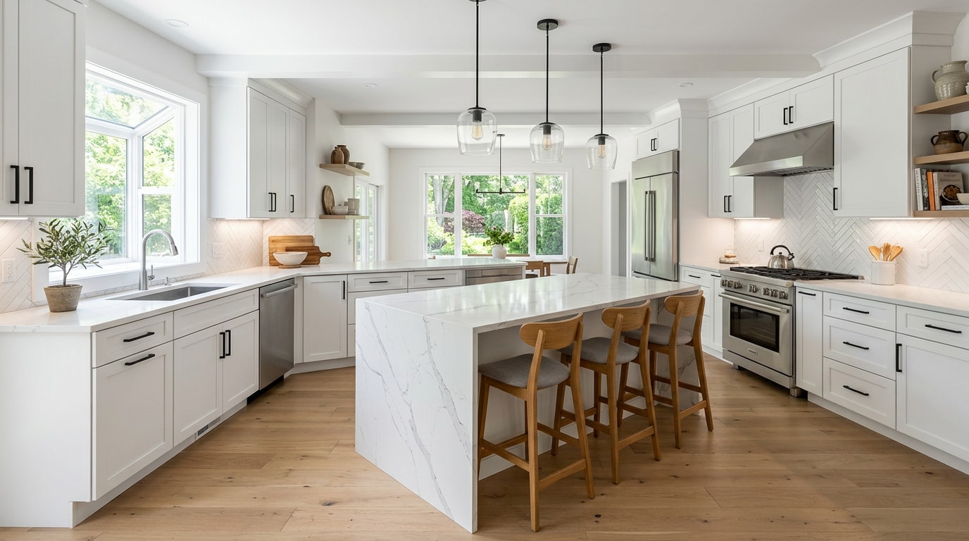 Finished modern kitchen remodel with white cabinets, quartz island, and pendant lighting