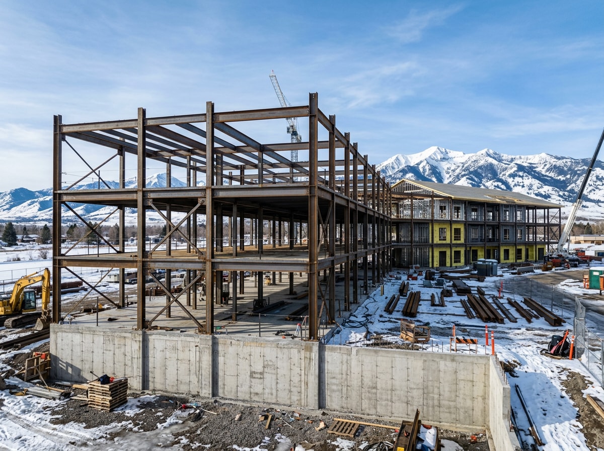 Steel-framed multifamily apartment building under construction with poured concrete foundation visible, snow-capped mountains in background