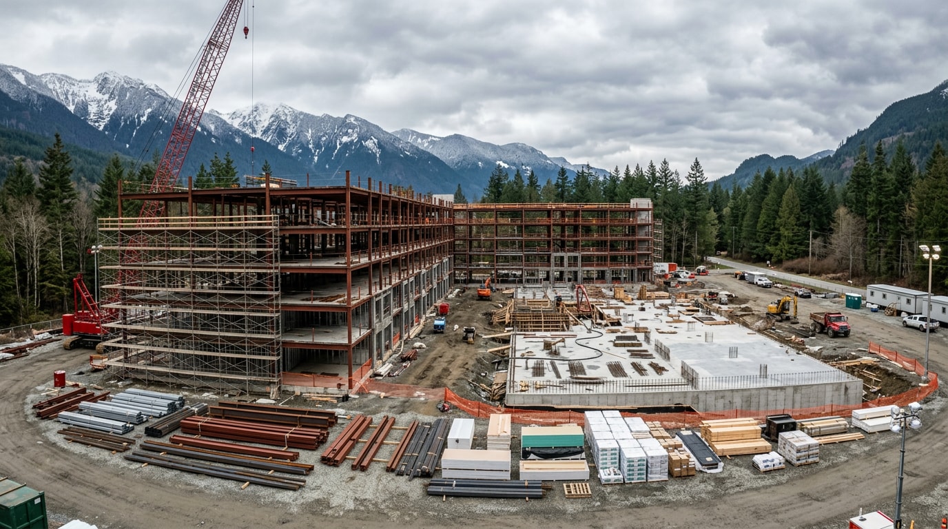 Multifamily apartment building under construction with steel framing and concrete foundation