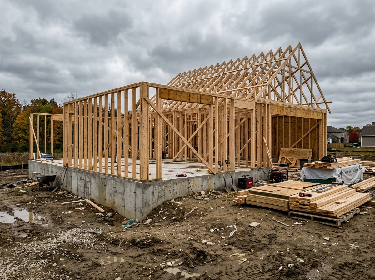 Foundation and framing stage of a custom home build in progress