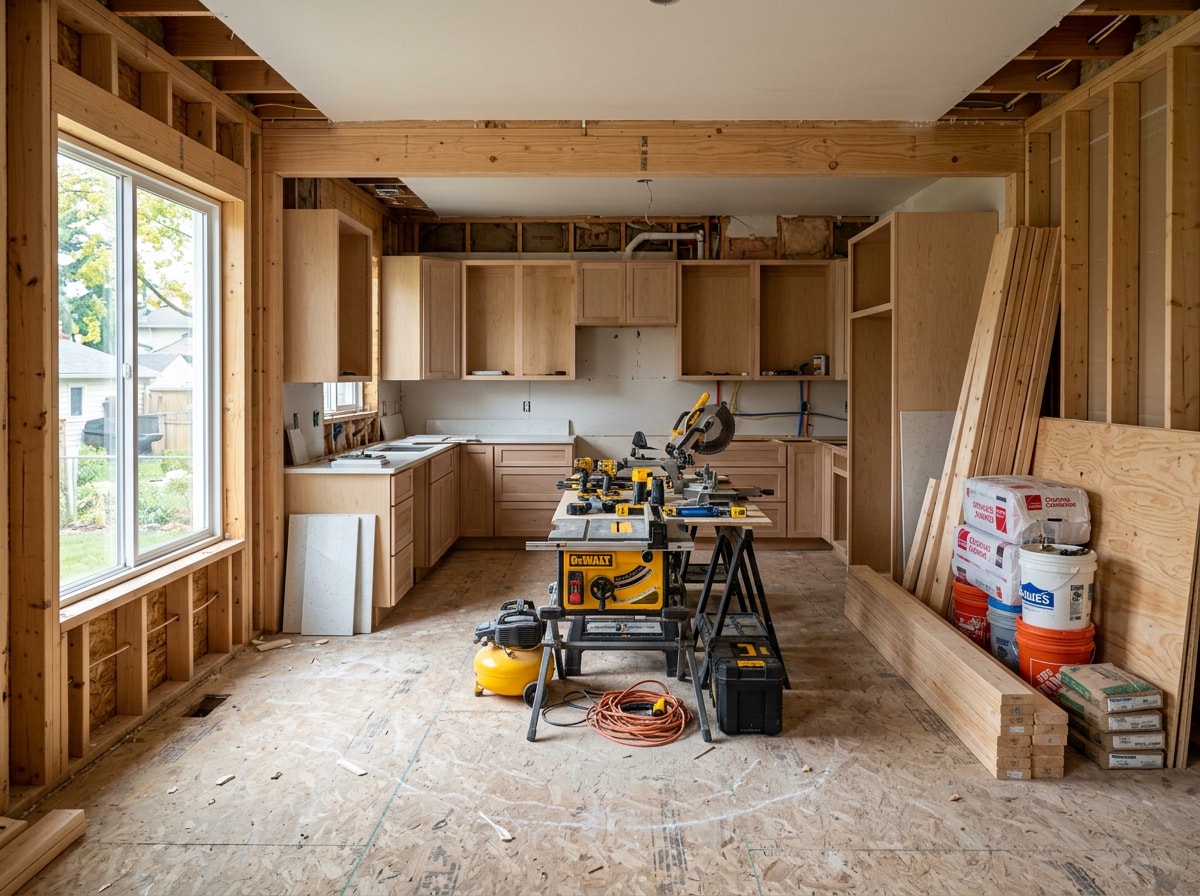 Residential general contractor team coordinating a kitchen remodel with new cabinetry and framing visible