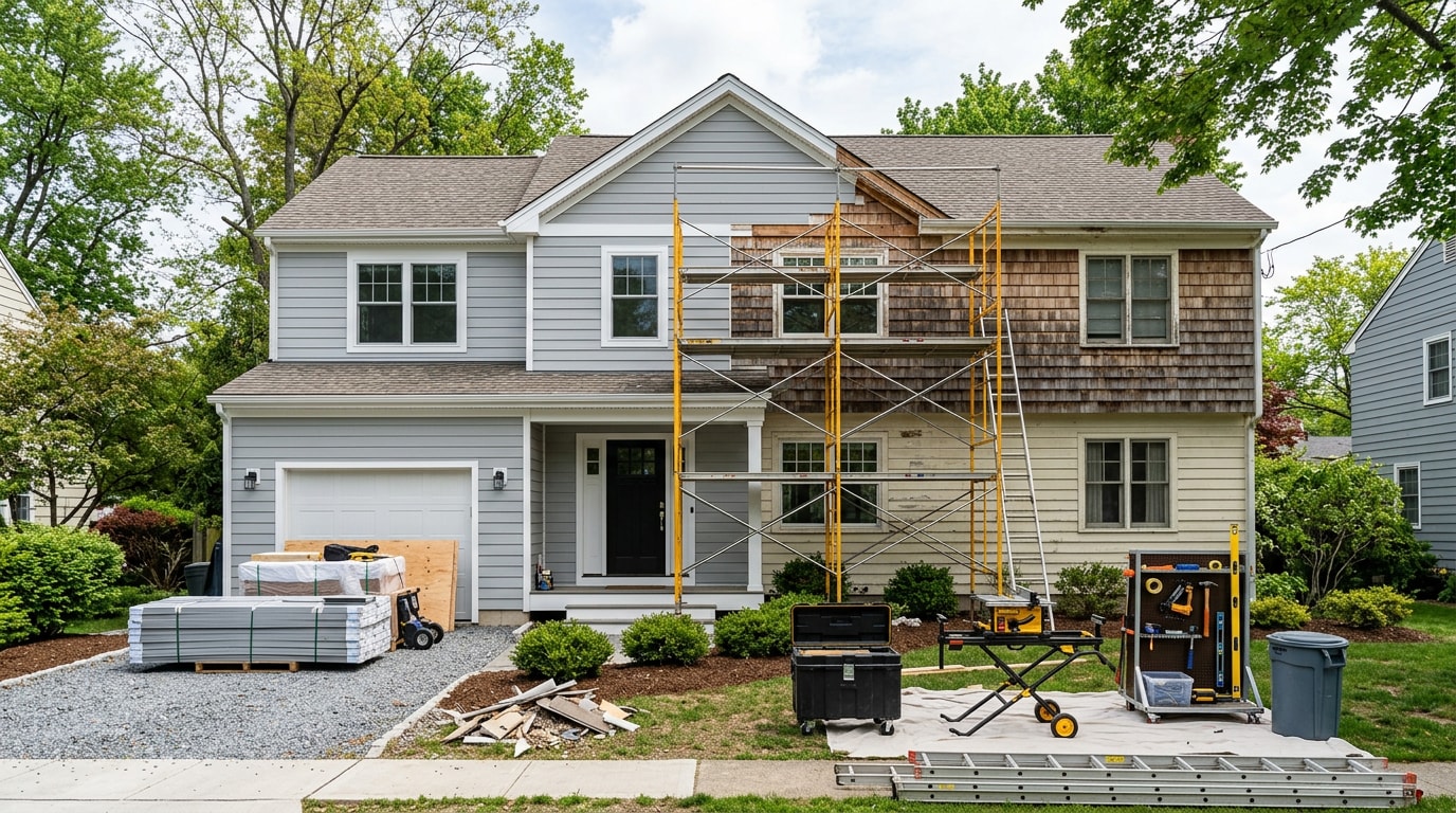 Residential home exterior showing a general contractor's siding renovation in progress
