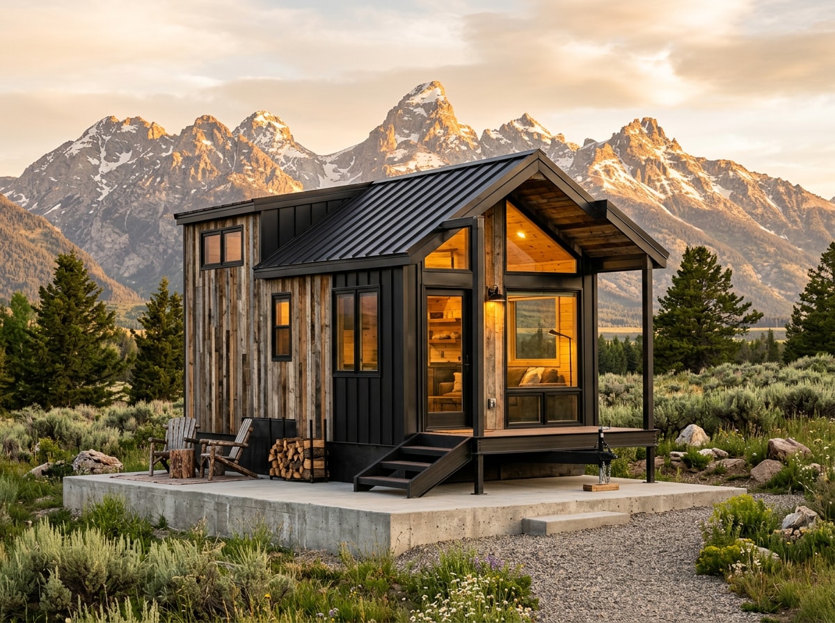Finished custom tiny home on a concrete foundation with mountains in the background near Cody, Wyoming
