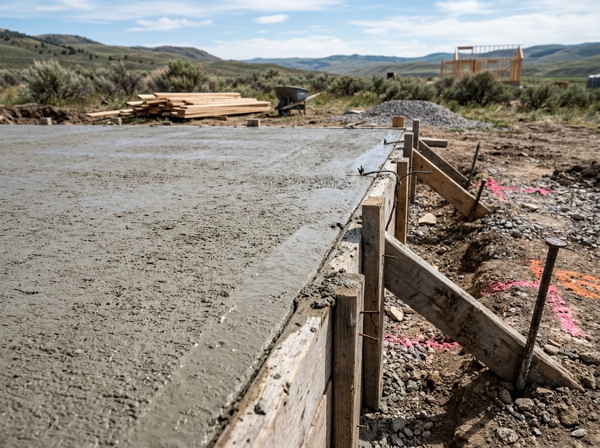 Concrete foundation slab being prepared for a small residential build in Wyoming