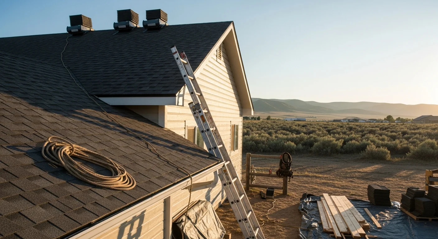 Roofing contractor installing new roof on residential home