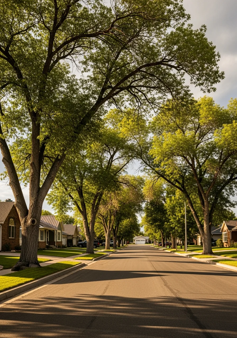 Suburban street in Billings with well-maintained homes and tree-lined sidewalks.