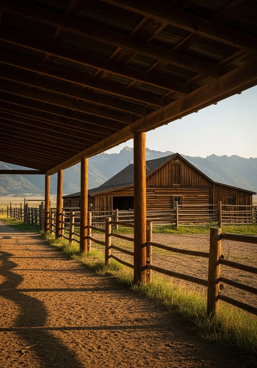 Rustic ranch building with weathered wood siding and mountain landscape.