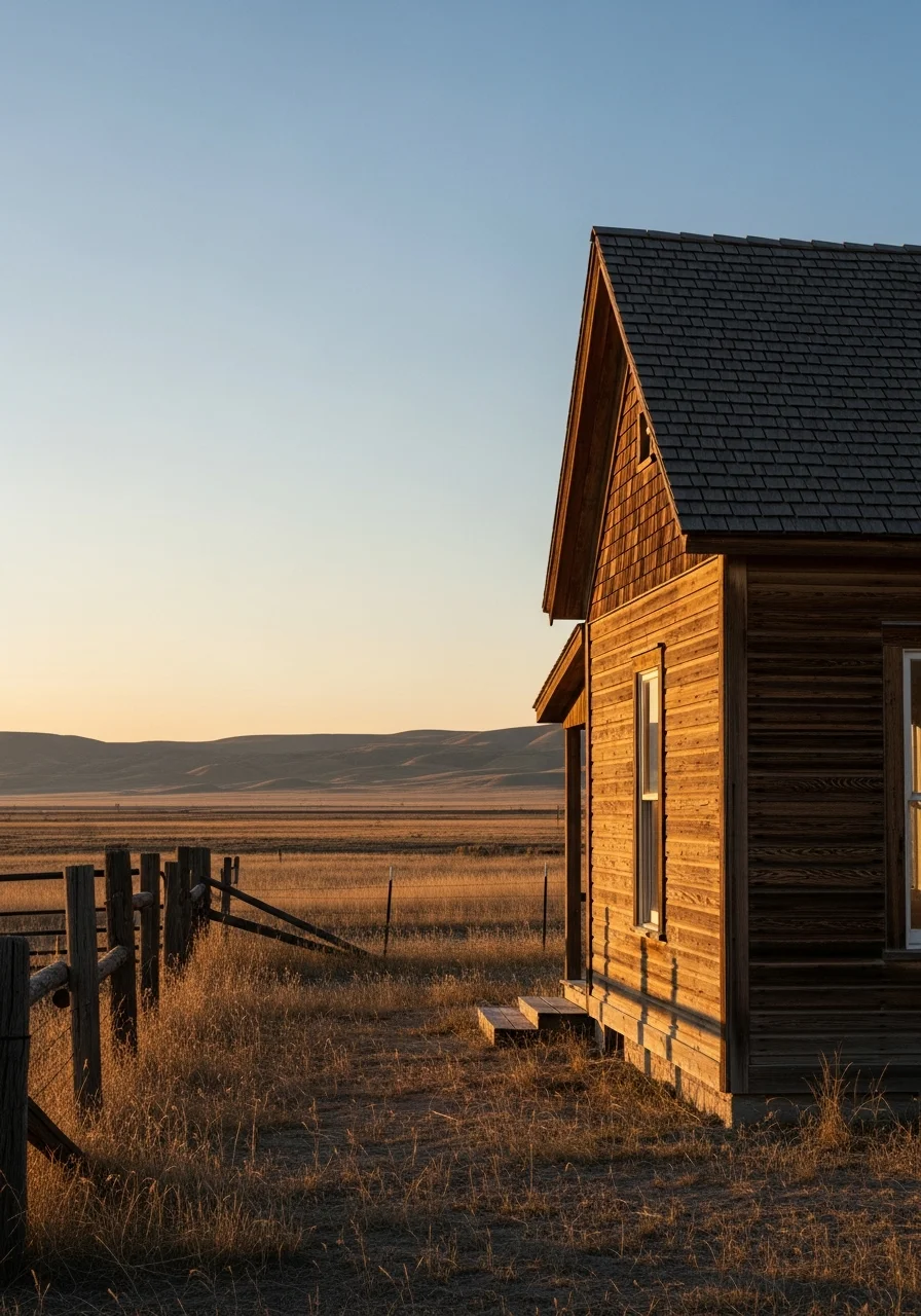 Historic ranch home with weathered wood siding and rural landscape.