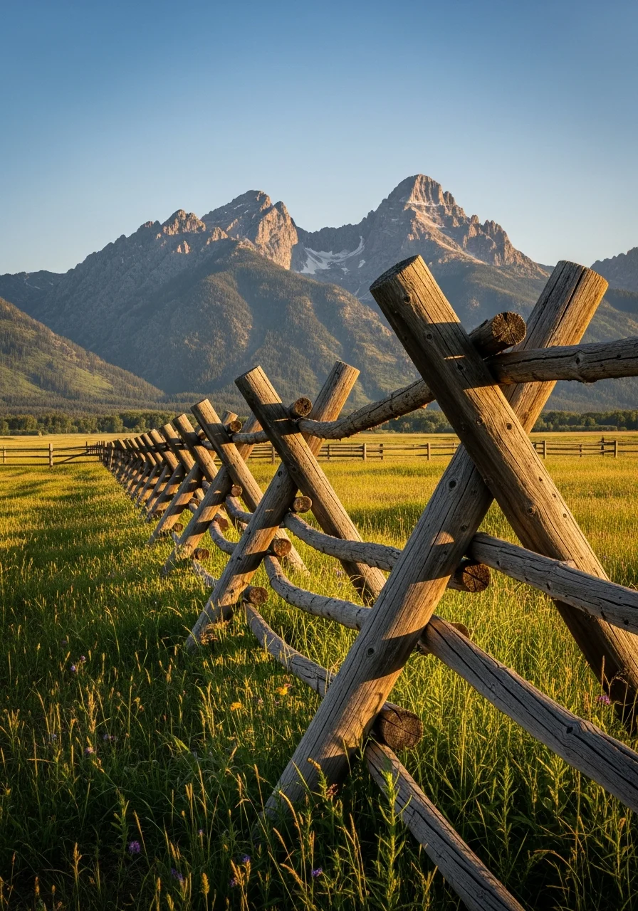 Weathered ranch fence and pasture with Absaroka peaks in the distance.