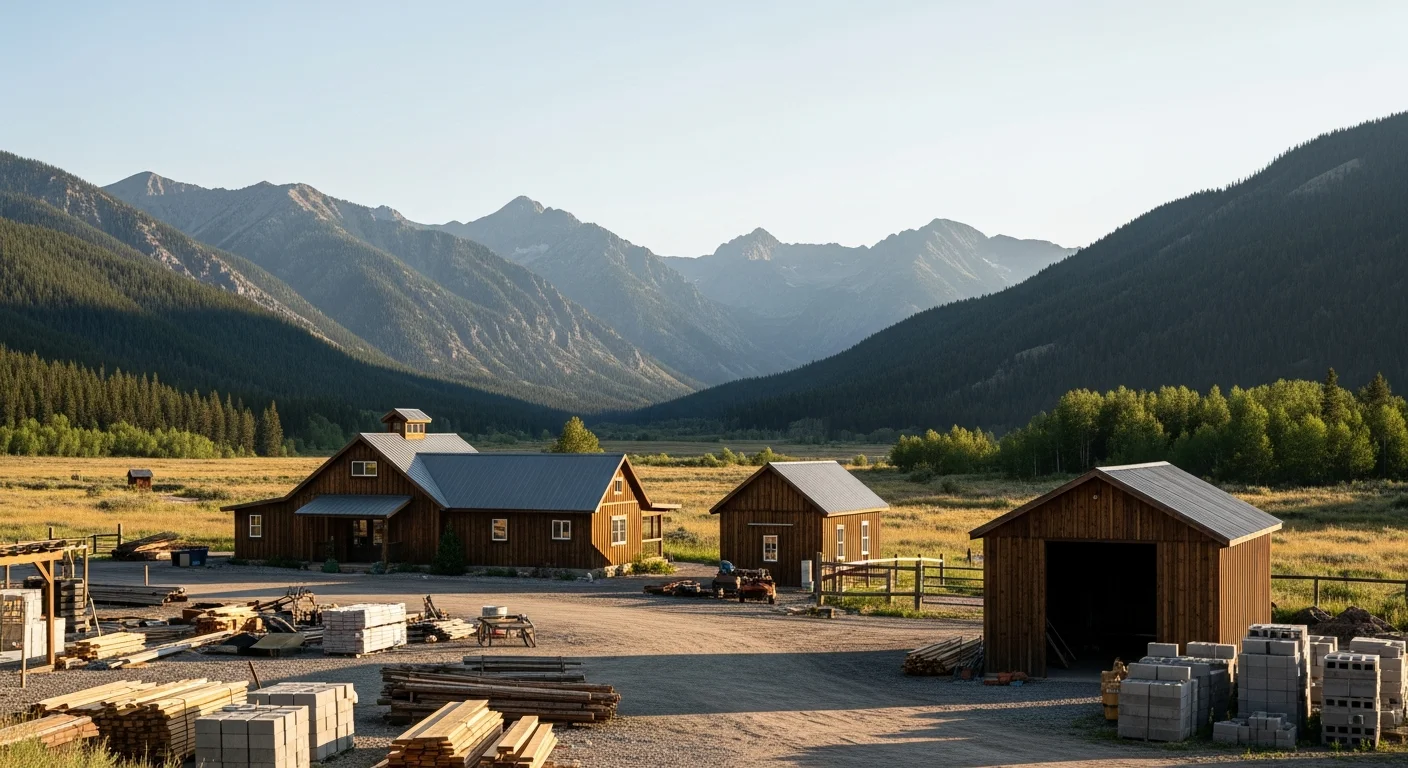 Mountain valley with ranch buildings and evergreen forest backdrop in northwest Wyoming.