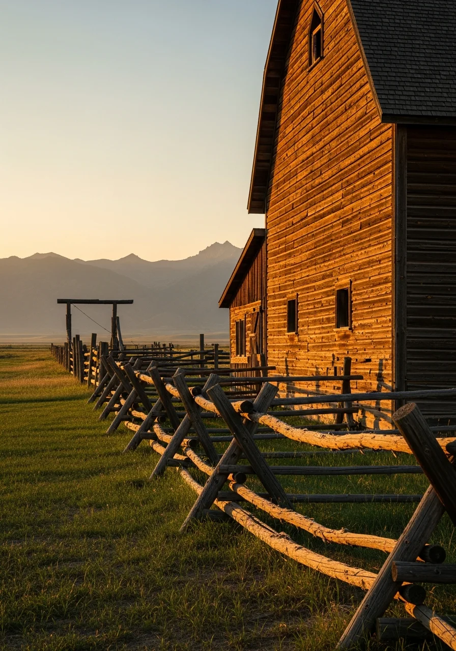 Historic Sheridan ranch building with weathered barn siding and split-rail fencing.