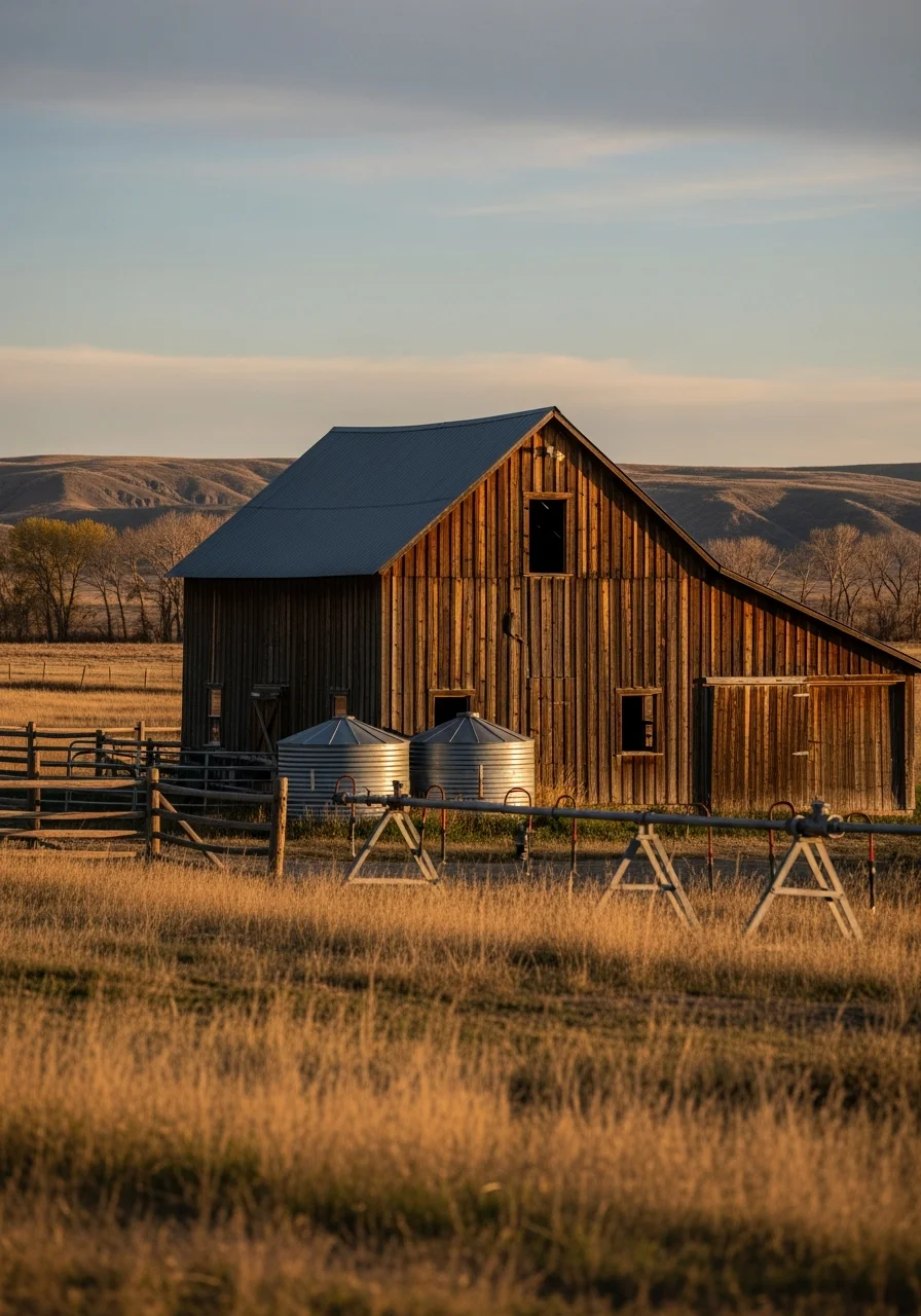 Weathered farm building with irrigation equipment and open pasture.