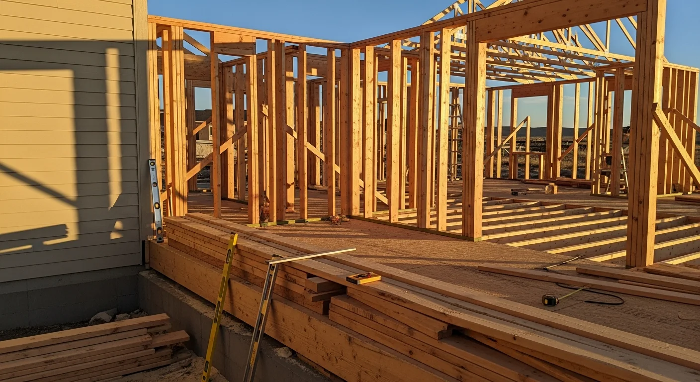 Exposed wood framing of a residential home addition under construction in Powell, Wyoming. Wall studs, floor joists, and roof framing are visible against a clear Wyoming sky.