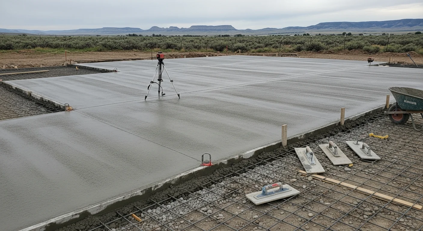 A freshly poured and finished commercial concrete slab at an agricultural or industrial property in Powell, Wyoming. The flat, reinforced surface extends across a large open bay with visible control joints and a smooth troweled finish.