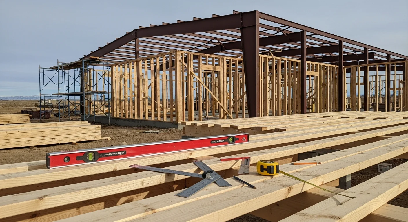 Commercial building frame under construction in Powell, Wyoming, showing wood stud walls, headers, and floor systems framed plumb and square on a non-residential foundation. Red Rock Construction LLC framing crew working on a commercial structure in Park County, WY.
