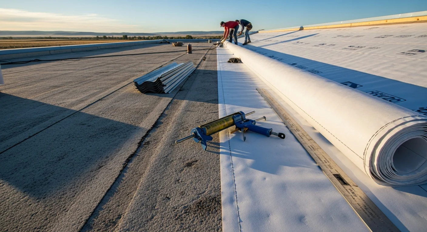 A commercial flat roof on a Powell, Wyoming business building showing a completed roofing installation with clean seams and drainage points visible. The Big Horn Basin landscape is visible in the background under a clear Wyoming sky.