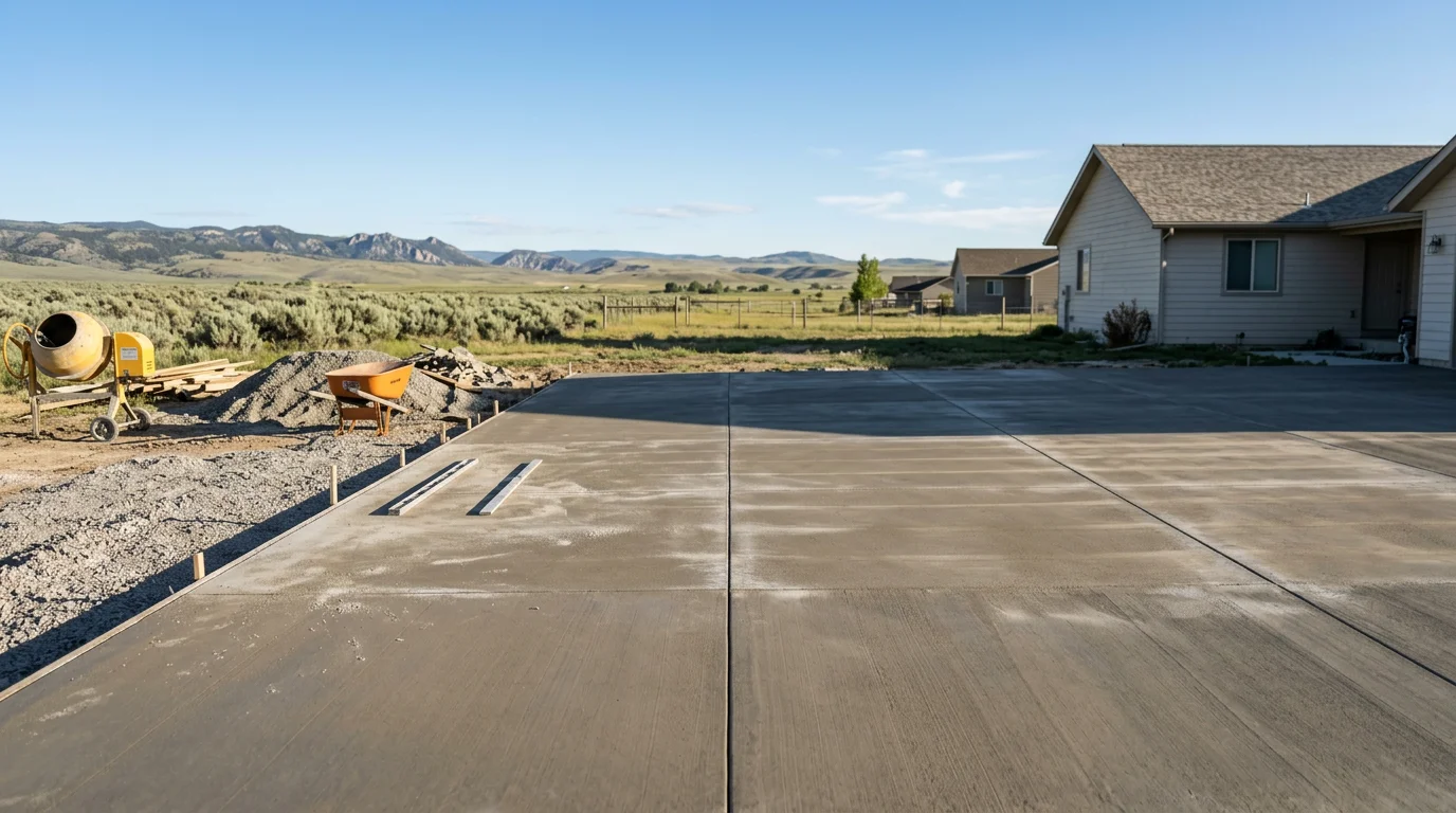 A freshly poured concrete driveway at a residential property in Powell, Wyoming, with clean formed edges and a smooth surface ready for curing. The surrounding landscape reflects the open, semi-arid terrain typical of the Bighorn Basin.
