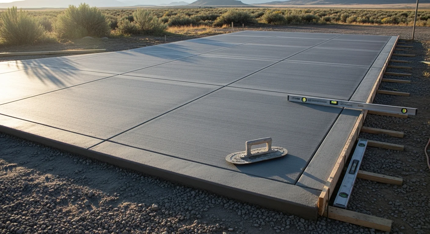 Freshly poured and finished concrete driveway at a residential property in Powell, Wyoming, showing clean edges, control joints, and a smooth surface ready for vehicle use. The surrounding landscape reflects the high-desert terrain typical of Park County, WY.