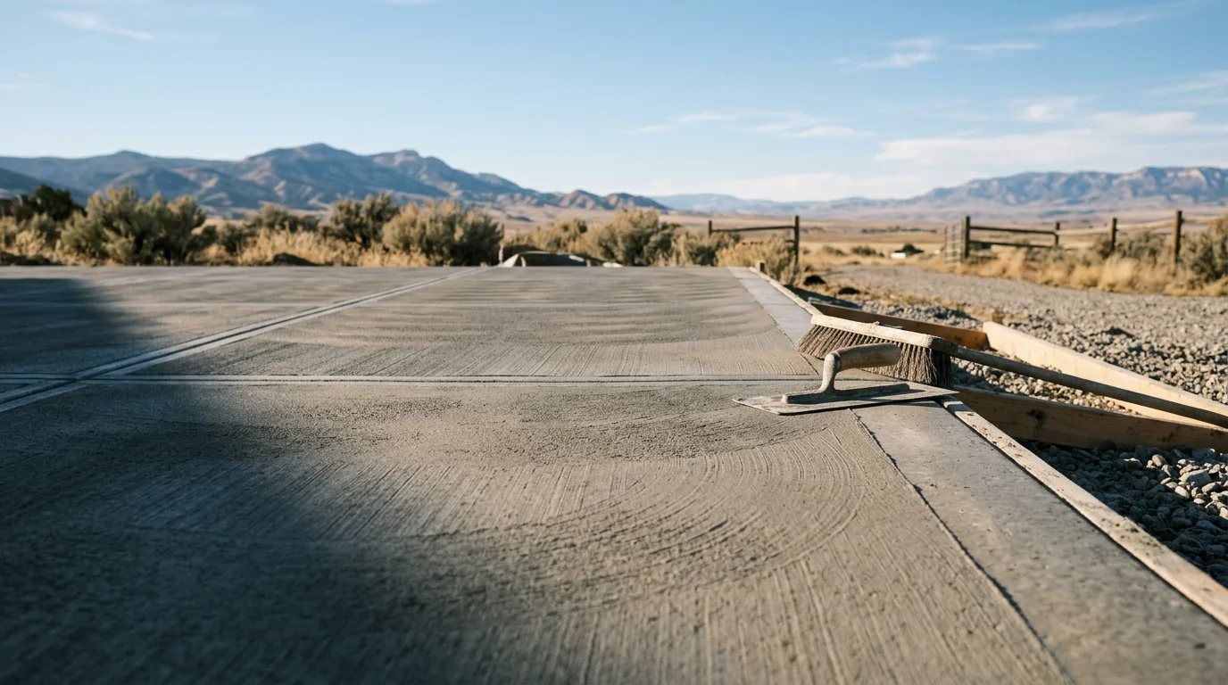 Freshly broom-finished concrete flatwork at a residential property in Powell, Wyoming, showing clean control joints and a uniform gray surface texture. The finished slab sits against a backdrop typical of the Bighorn Basin landscape.