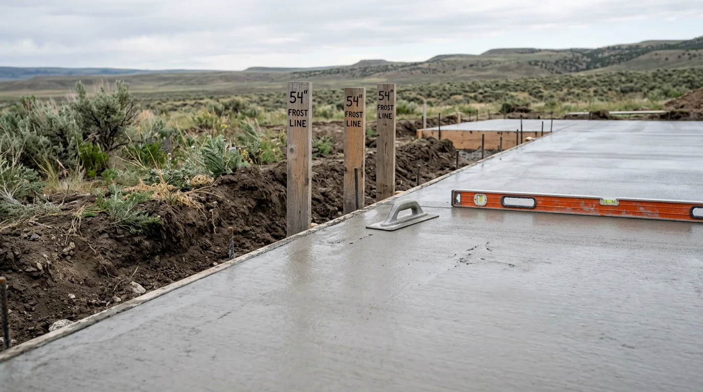 Freshly poured concrete foundation walls and footings at a residential construction site in Powell, Wyoming, with the Bighorn Basin landscape visible in the background. The foundation trench shows deep footing placement suited to Wyoming's frost depth requirements.