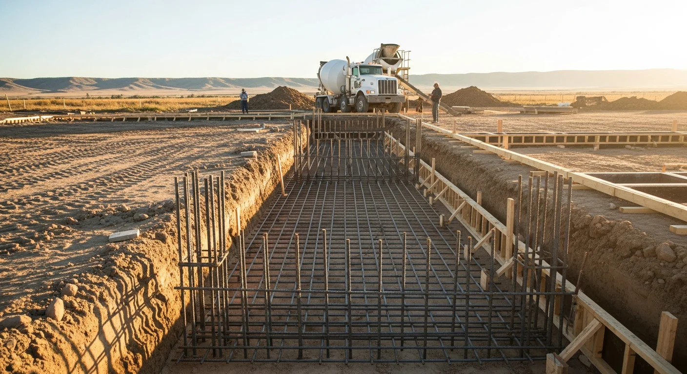 A freshly poured and formed concrete foundation for a residential structure in Powell, Wyoming, with steel reinforcement visible and the Bighorn Basin landscape in the background. The foundation walls are set at depth to account for the local frost line and expansive basin soils.