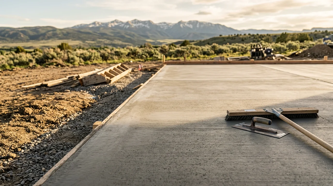 A freshly poured and finished concrete patio behind a residential home in Powell, Wyoming, with clean edges and a smooth surface. The surrounding yard shows the open, high-desert landscape typical of the Bighorn Basin.