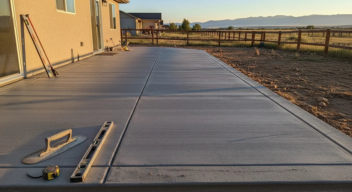 Freshly poured and broom-finished concrete patio behind a residential home in Powell, Wyoming. The slab is level and edged cleanly, with a backyard setting typical of properties in the Powell, WY 82435 area.