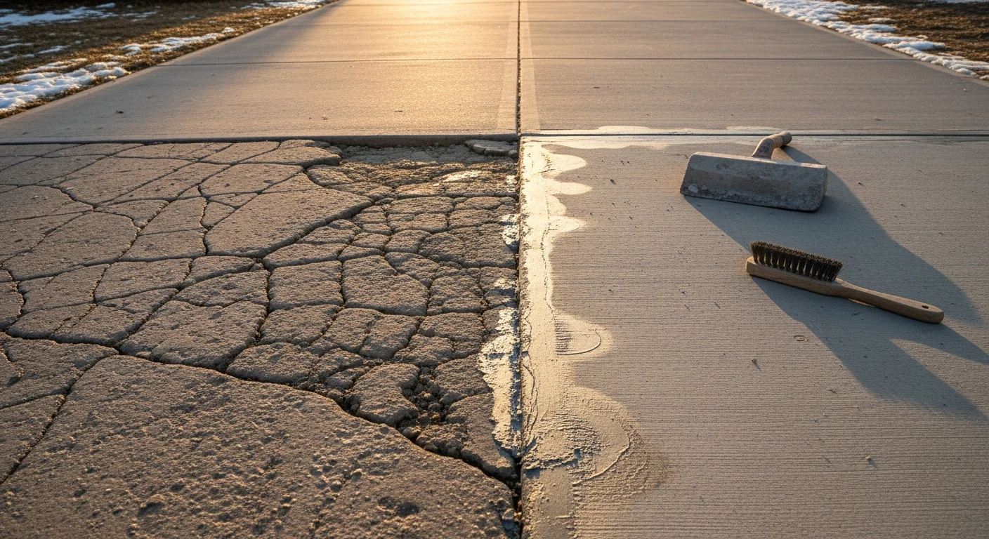 A repaired residential concrete driveway in Powell, Wyoming with filled cracks and a smooth, level surface. The Bighorn Basin landscape is visible in the background.