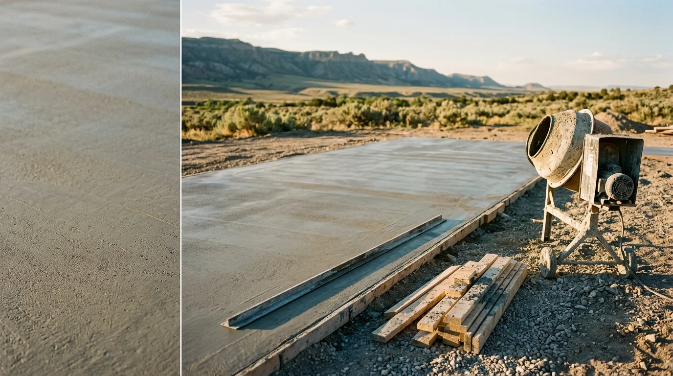 A freshly poured and finished concrete slab for a residential outbuilding in Powell, Wyoming, with the Bighorn Basin landscape visible in the background. The slab surface is smooth and level, with forming boards still in place along the edges.