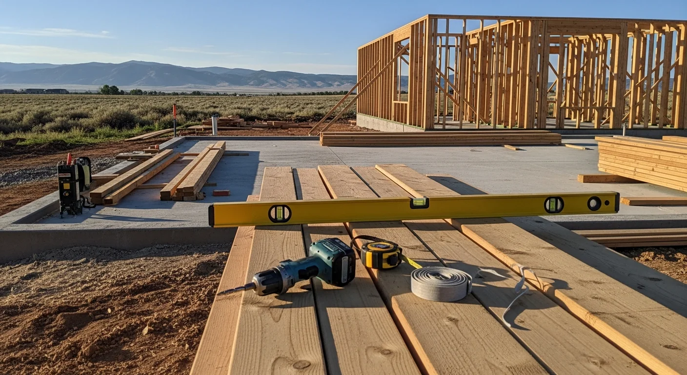 A completed residential construction project in Powell, Wyoming, showing a framed and finished structure set against the high-elevation terrain of Park County. Red Rock Construction LLC general contracting work on a rural property near Powell, WY.