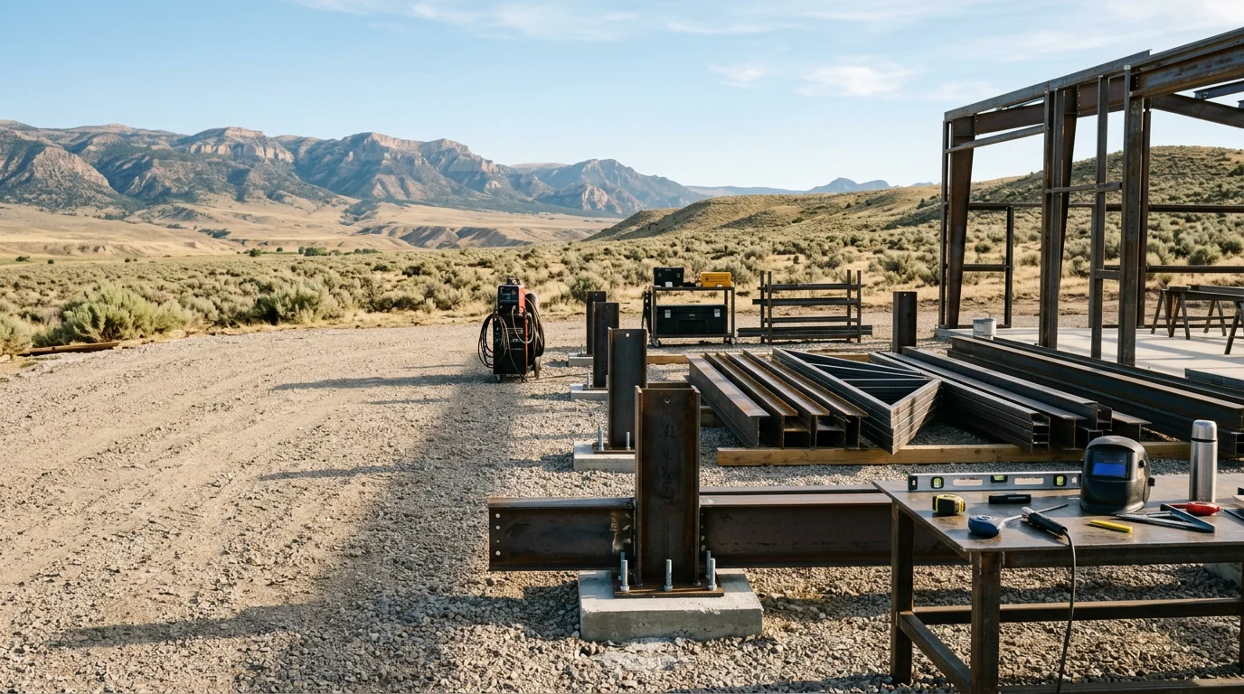 A metal building design layout for a large steel structure on a rural property near Powell, Wyoming, with open Bighorn Basin terrain visible in the background. The image shows a completed steel frame building suited for agricultural or commercial use in a high-wind, high-snow region.